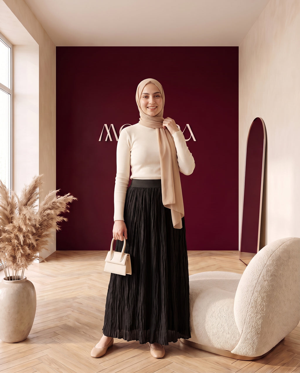 Crinkle-Plissee-Maxirock Schwarz – Dreiviertelansicht