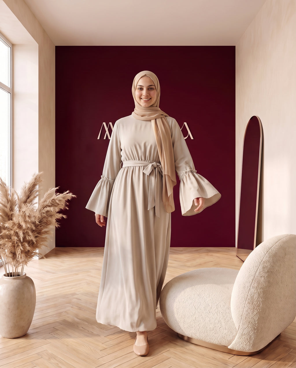 Abaya mit Gürtel und Volantärmeln Hellbeige – In Bewegung