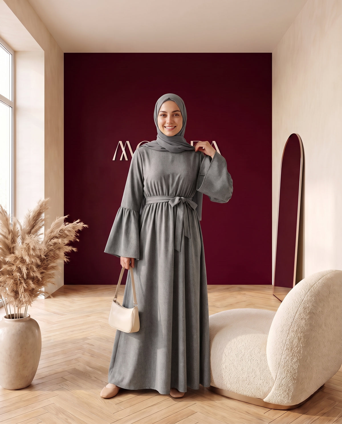 Abaya mit Gürtel und Volantärmeln Dunkelgrau – Dreiviertelansicht
