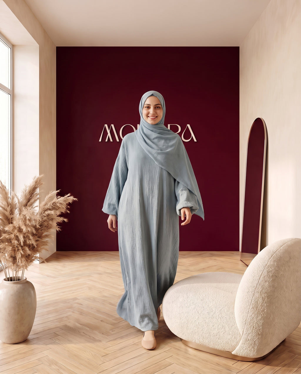 Musselin-Abaya mit Khimar Blaugrau – In Bewegung