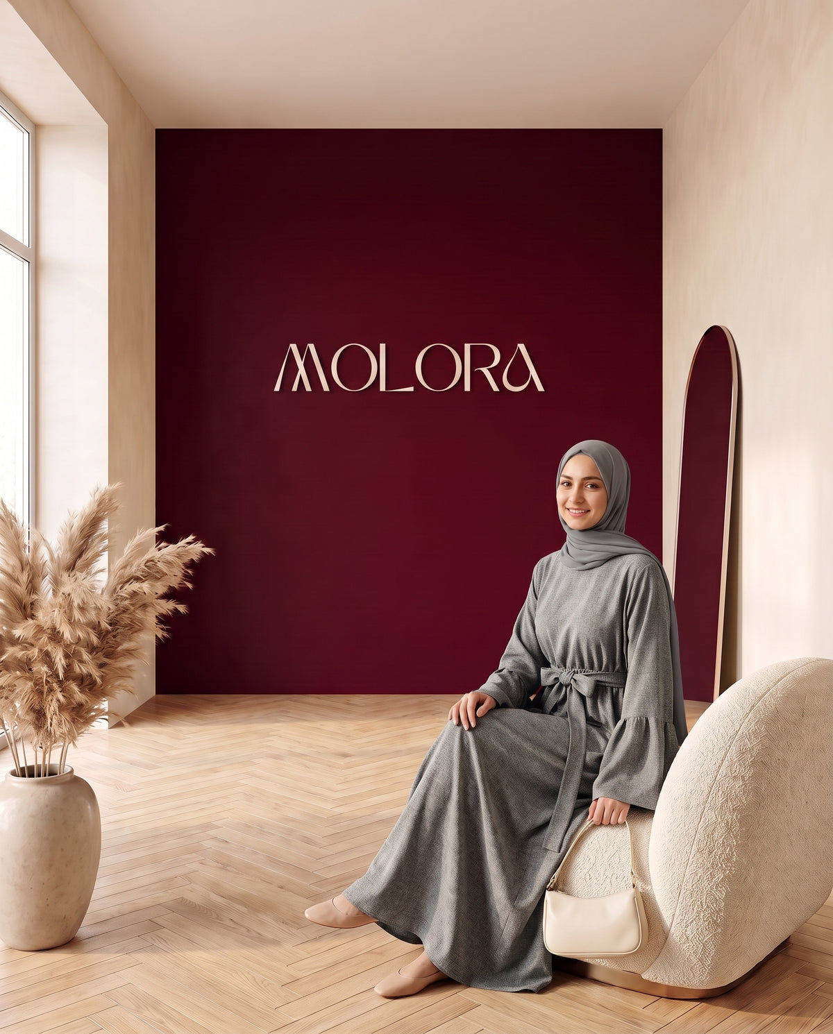 Abaya mit Gürtel und Volantärmeln Dunkelgrau – Sitzend