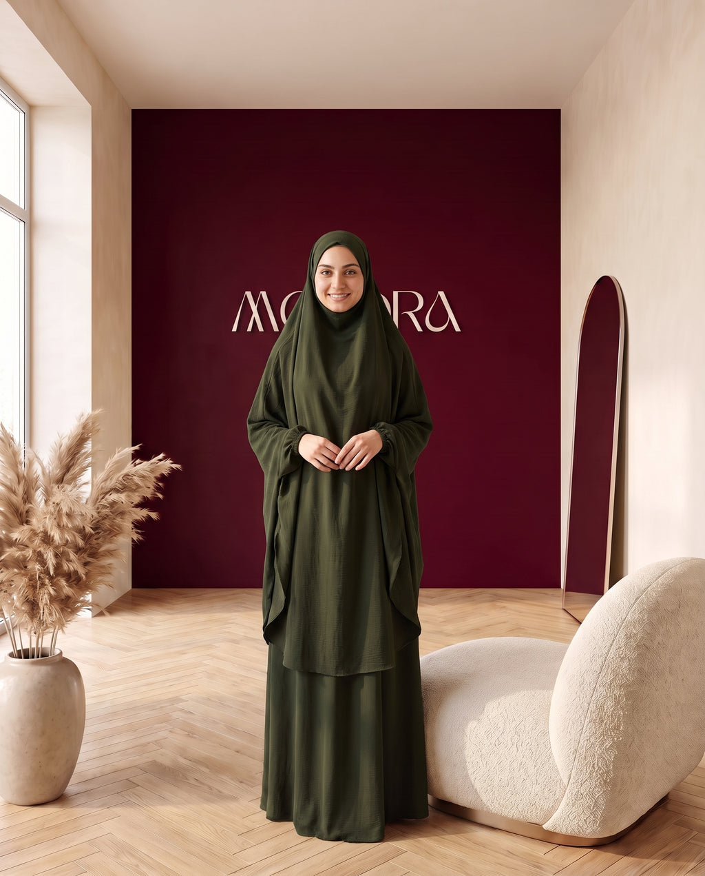 Abayah Zweiteiler in Olivgrün - Khimar und Rock von vorne