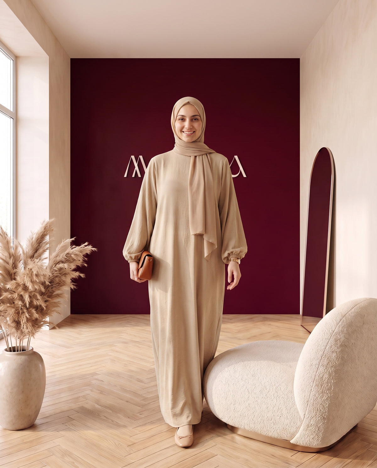 Crinkle-Abaya mit Schal Sand – in Bewegung