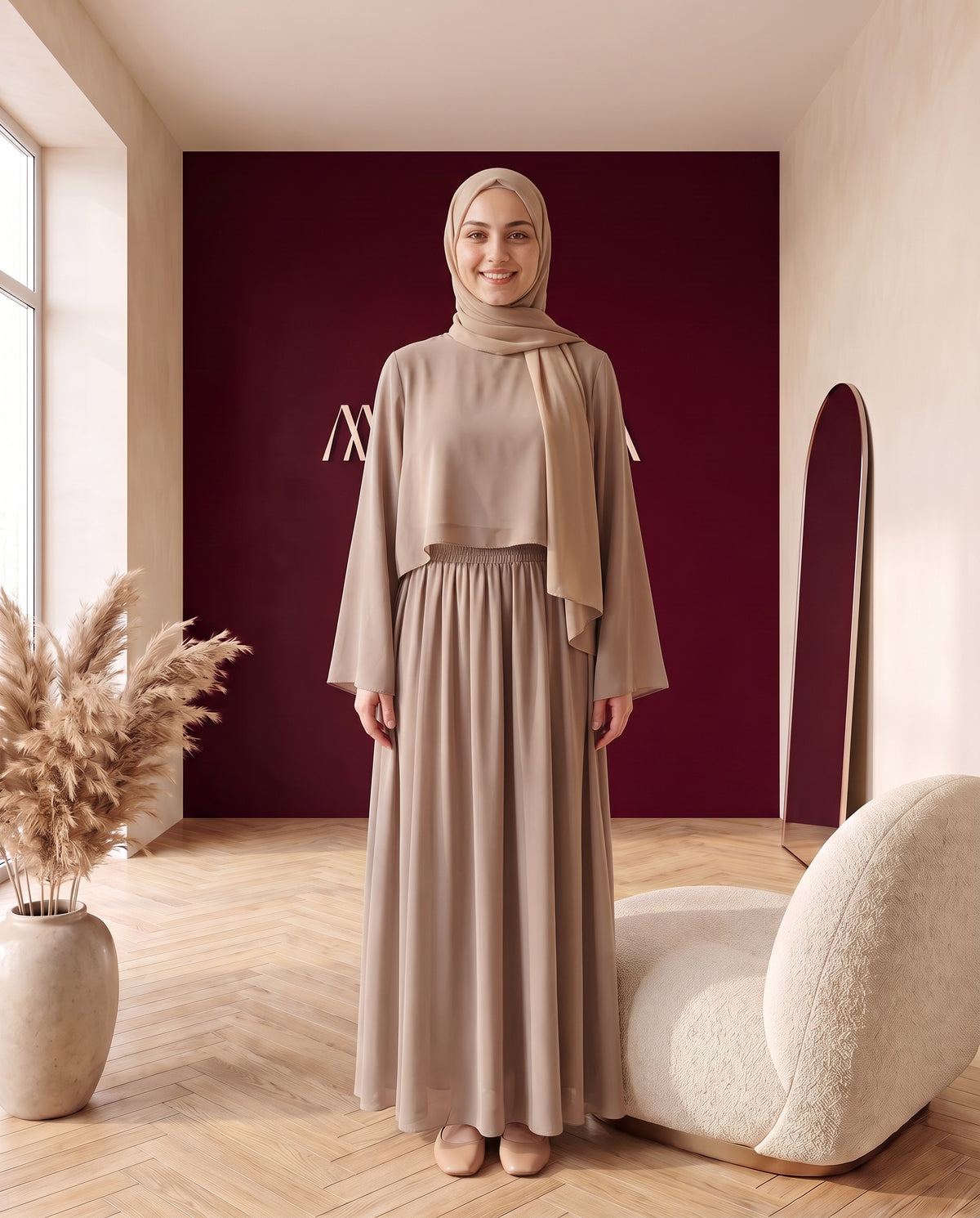 Chiffon-Zweiteiler Bluse und Rock Taupe – Vorderansicht