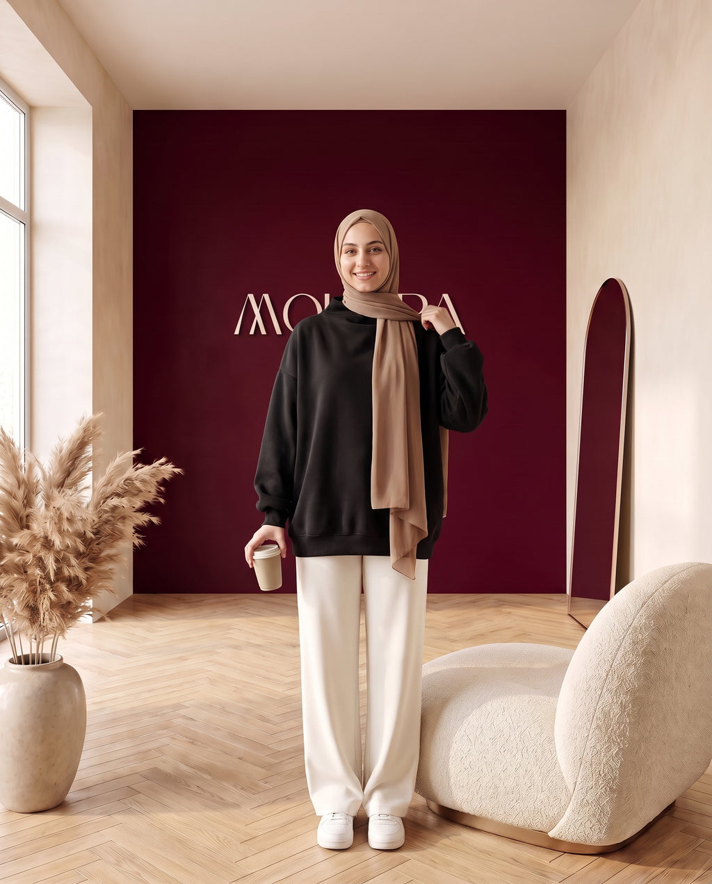 Oversize-Sweater mit Stehkragen Schwarz – Dreiviertelansicht