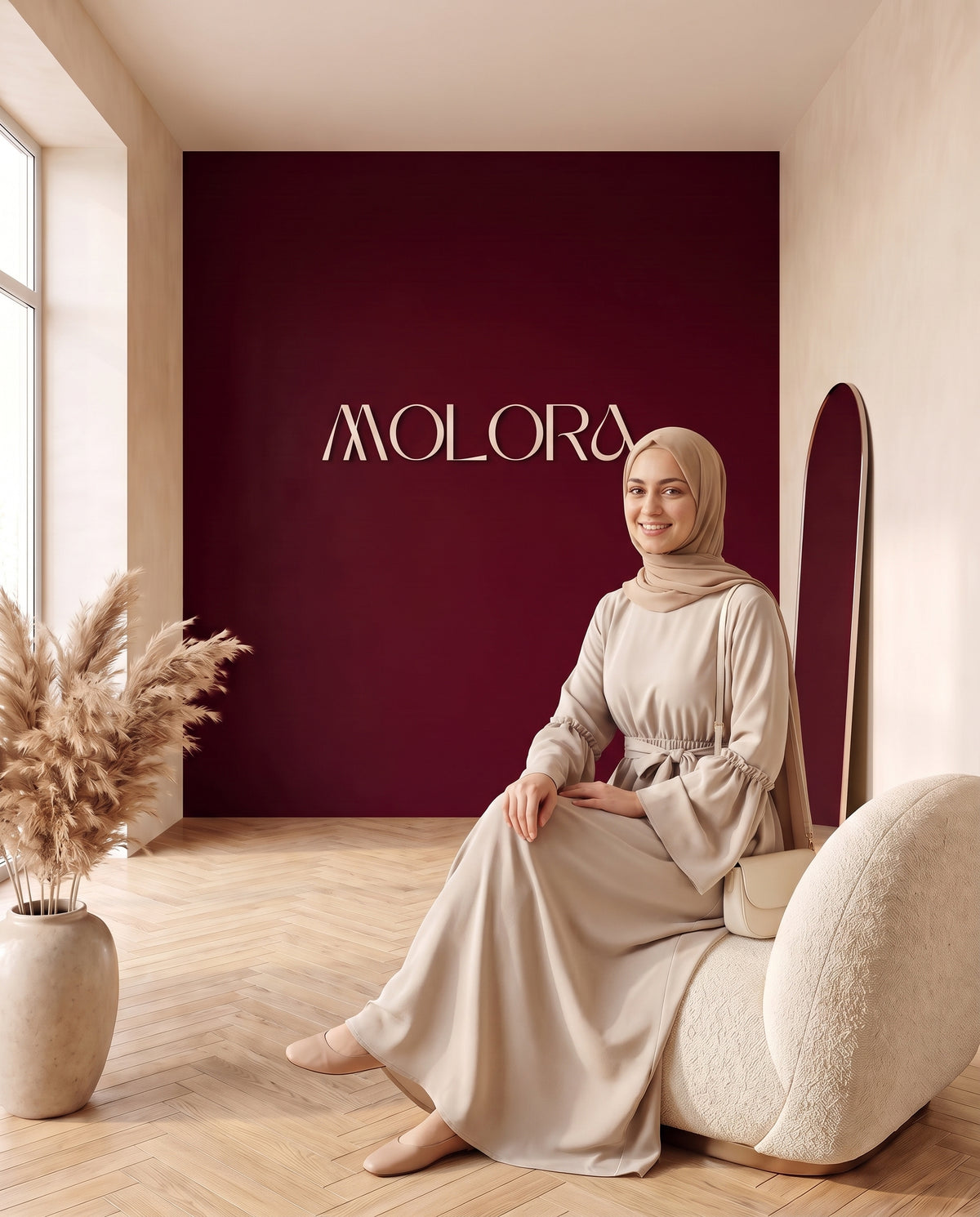 Abaya mit Gürtel und Volantärmeln Hellbeige – Sitzend