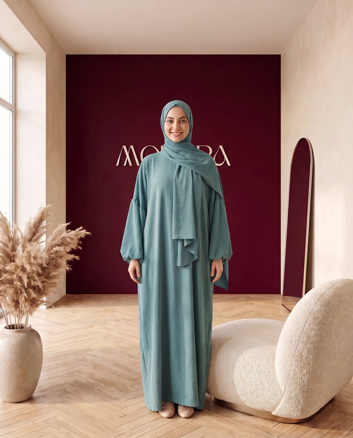 Crinkle-Abaya mit Schal Petrol – Vorderansicht