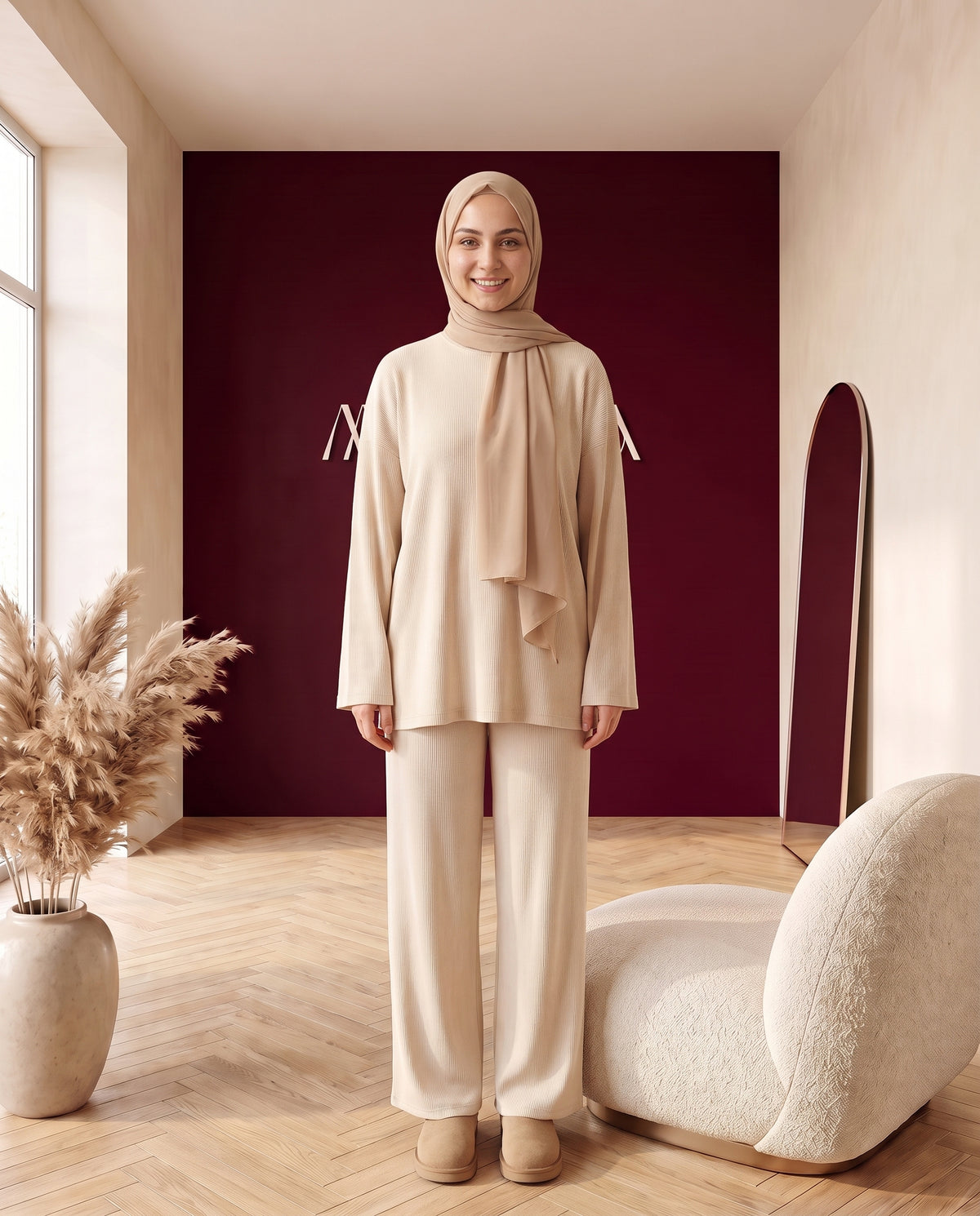 Strick-Zweiteiler Pullover und Hose Beige – Vorderansicht