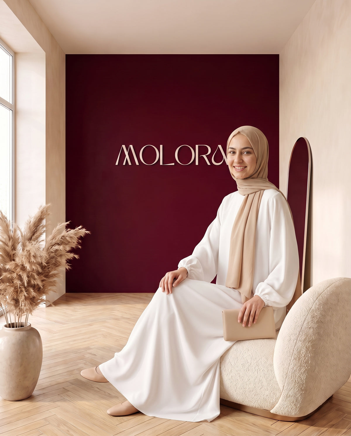 Basic-Abaya mit Ballonärmeln Creme – Sitzend