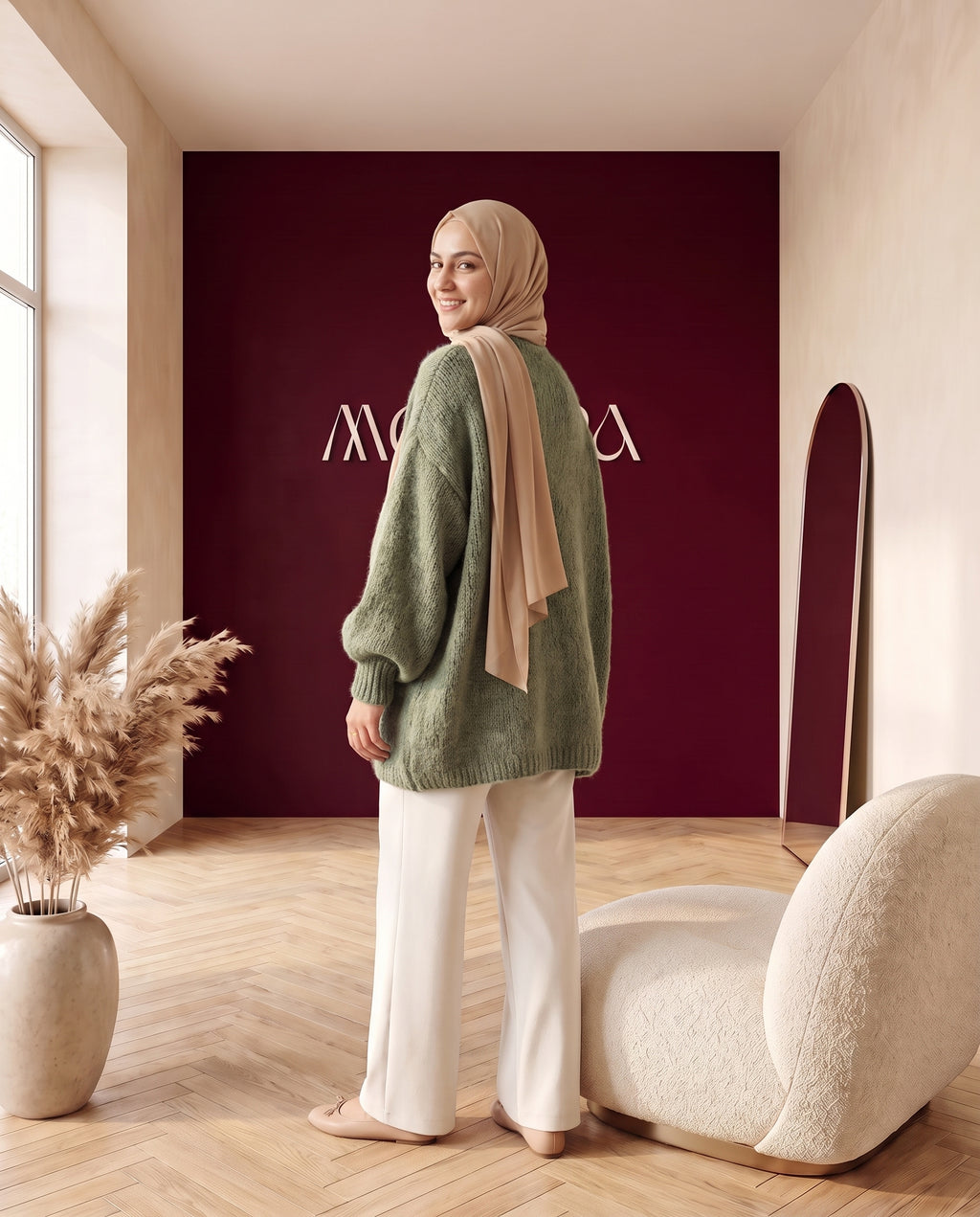 Oversize Strickcardigan Salbeigrün – Rückenansicht