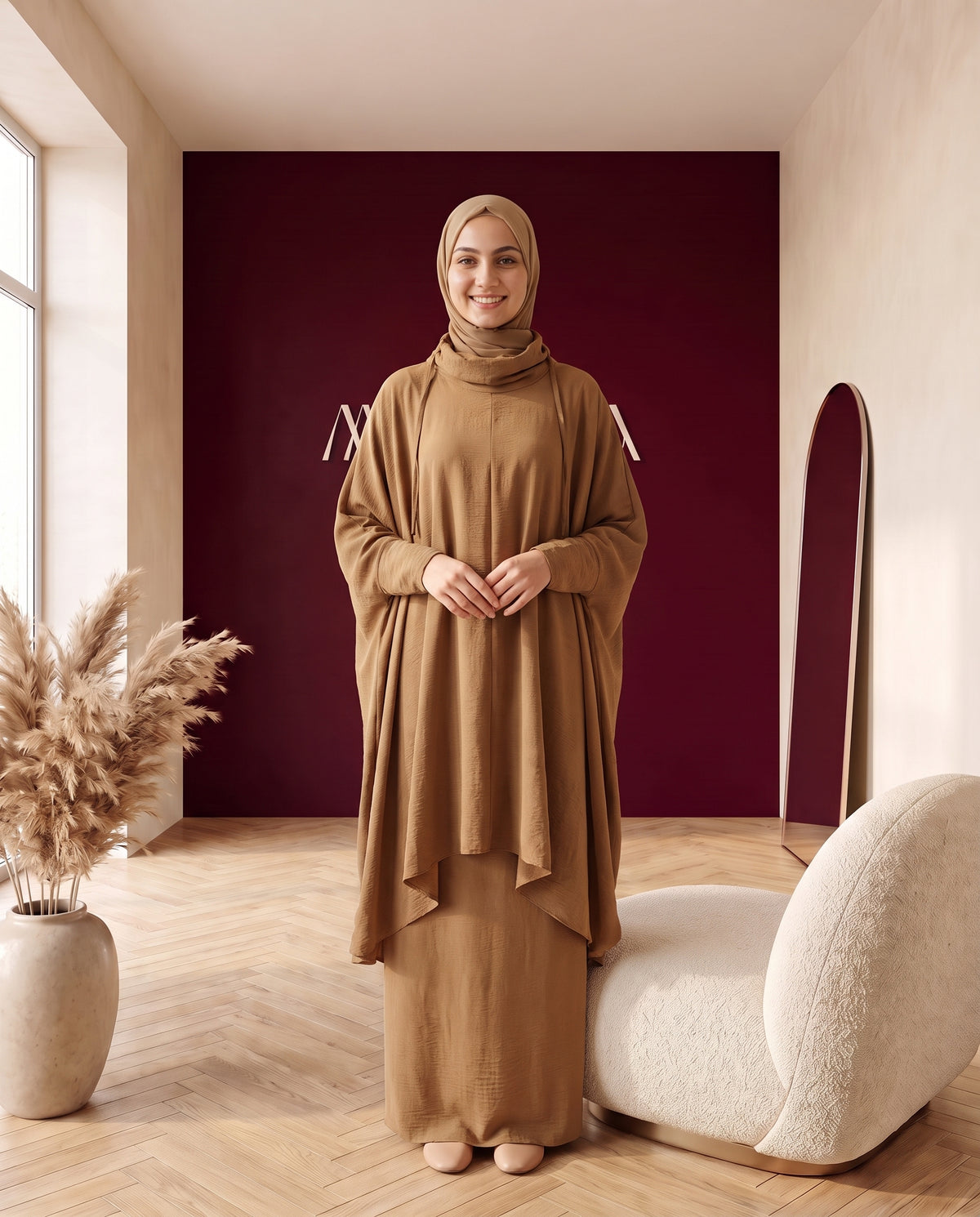 Abayah Zweiteiler in Khaki - Khimar und Rock von vorne