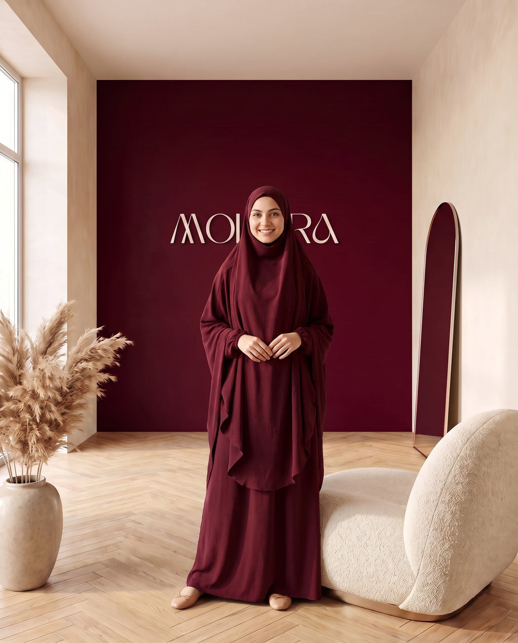 Abayah Zweiteiler in Weinrot - Khimar und Rock von vorne