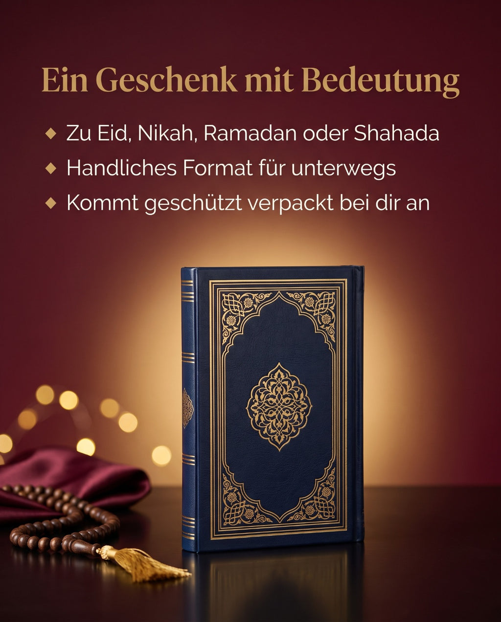 Arabischer Koran in Dunkelblau mit Goldpraegung, Tasbih und Lichterkette - Geschenk zu Eid und Nikah